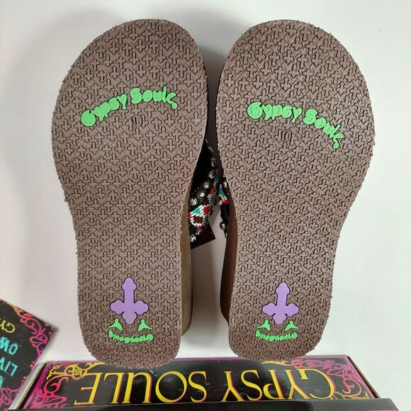 New Gypsy Soule Flip Flop Sandals Swarovski Crystals Sz 10 Brown Blue Aztec Box - Picture 8 of 16